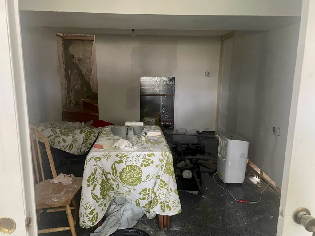 Salle TV en sous-sol sans fenêtre après reconstruction, espace compact avec sol sombre en époxy et mobilier temporaire avant aménagement.