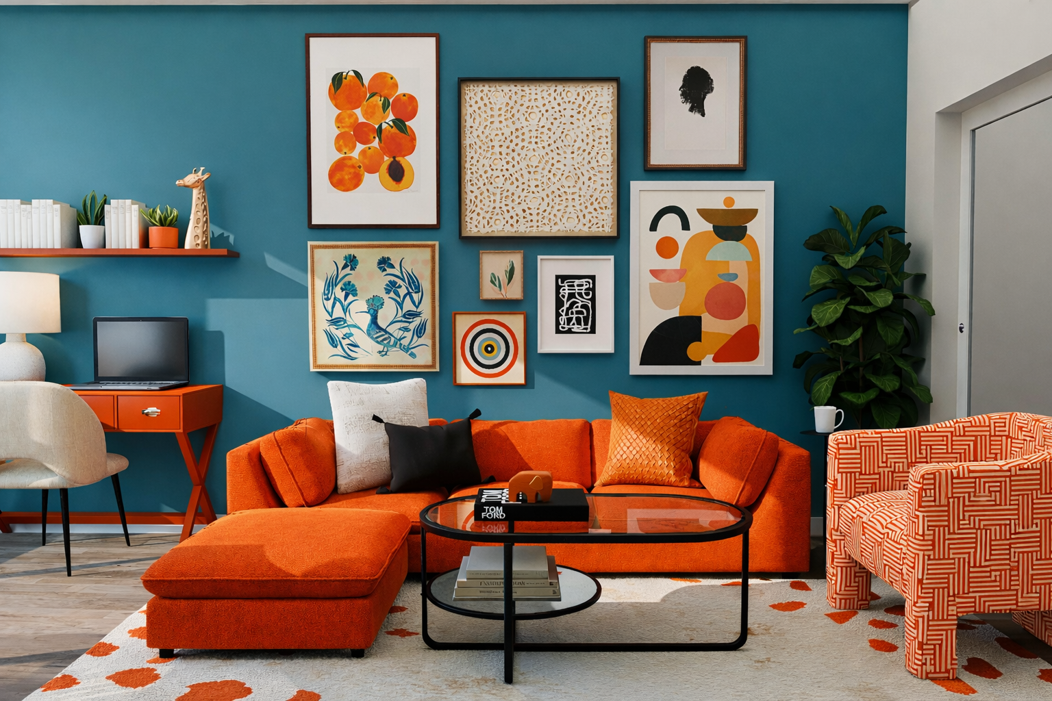 Salon contemporain coloré avec canapé orange, mur bleu et galerie murale, illustration d’un intérieur personnalisé et vivant.
