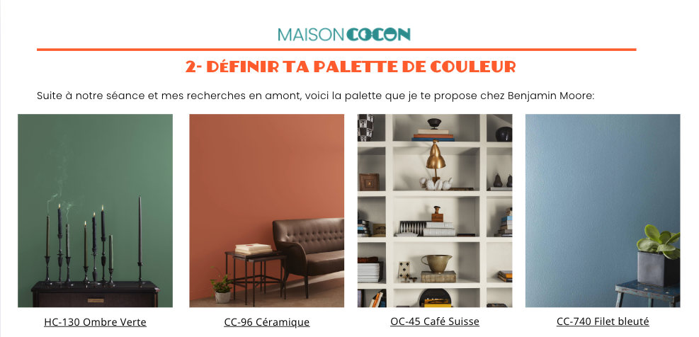 Extrait du plan d’action présentant la palette de couleurs proposée pour l’aménagement du sous-sol rénové.